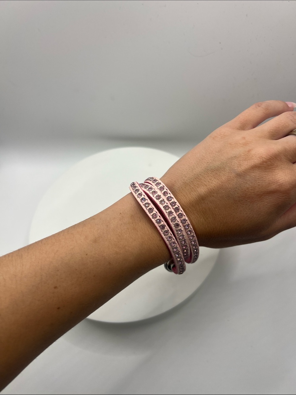 121. Pink Crystal Wrap Leather Bracelet Magnetic Closure 6 3/4”